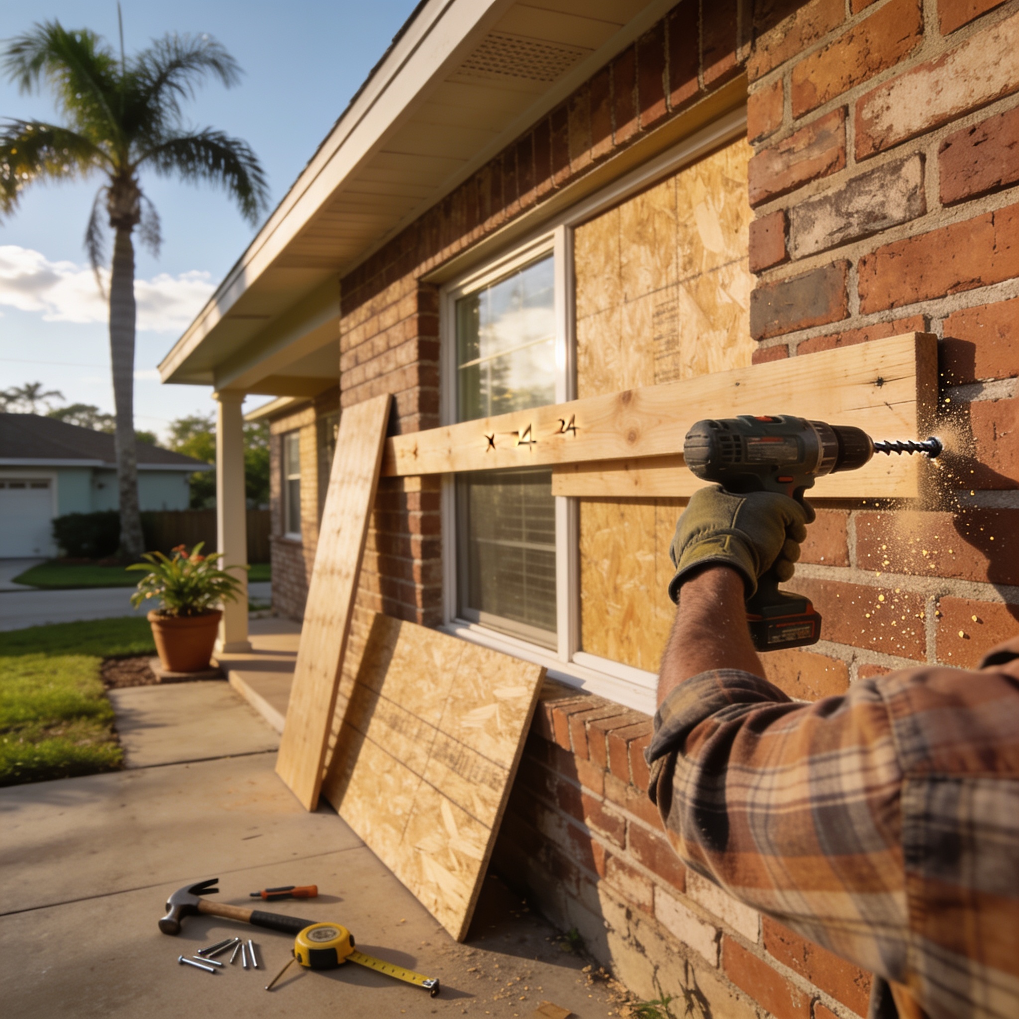 How do you board up windows on a brick house?