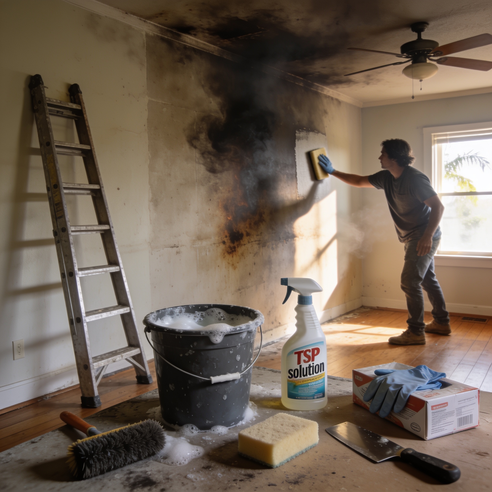 What supplies and tools do you need to clean smoke damage from walls and ceilings?